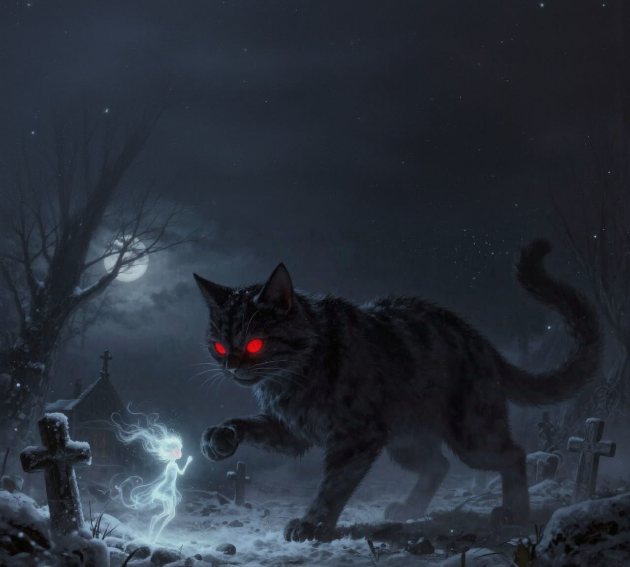 Yule Cat Chases Ethereal Wisp in Sinister Churchyard