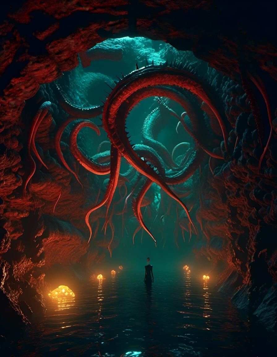 <lora:Mirage:1.0> Luminous worms with tentacles spiny inhabitants of the catacombs tunnels of alien Pluto. Photorealisti...