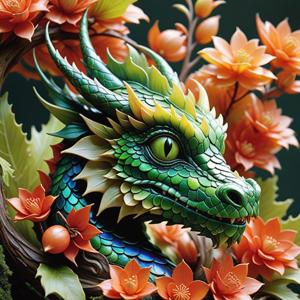 Iridescent Green Dragon Head in Art Nouveau Style