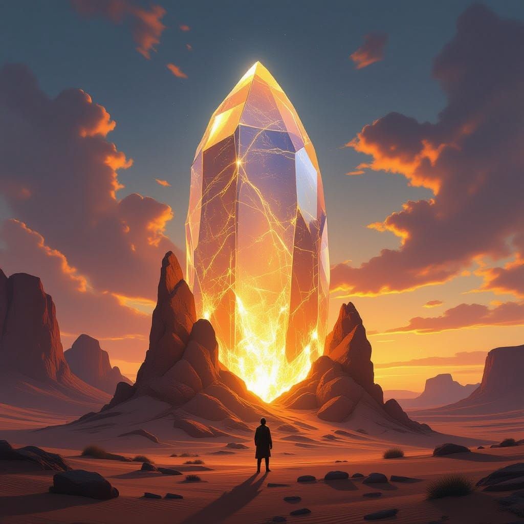 Massive Crystal in Alien Desert Landscape