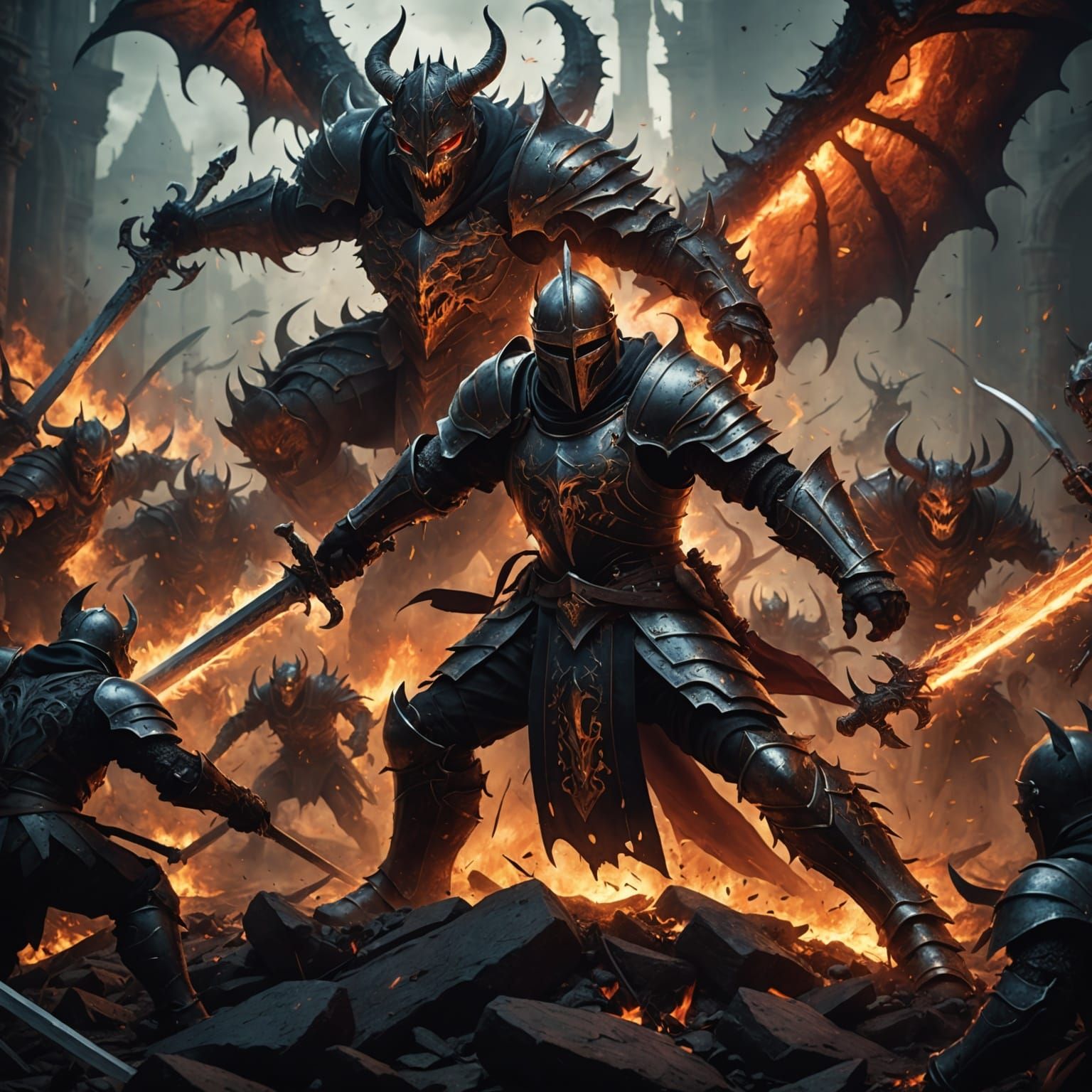 Knight Battles Demons from Hell: Fantasy Art