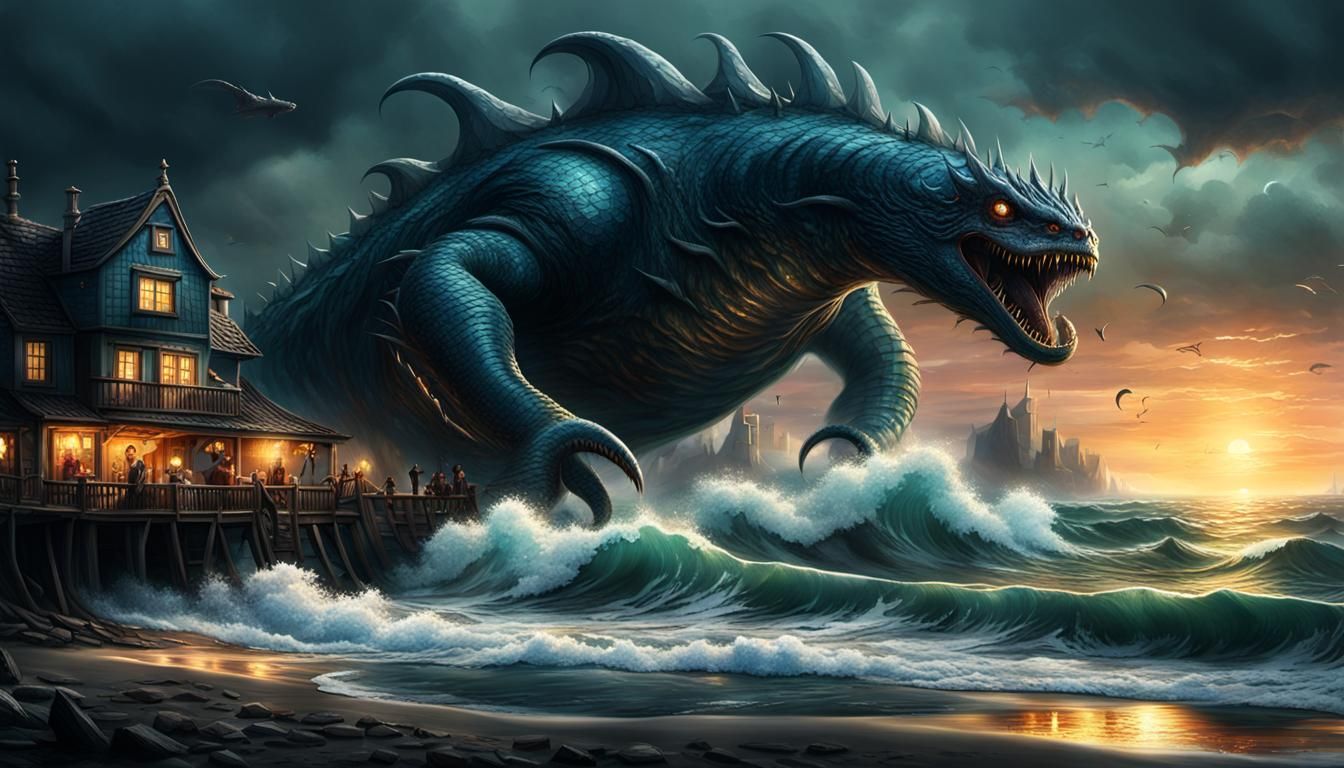 HYPERREALISM, PERFECT, SMOOTH, HD QUALITY, GOTHIC, A GIANT SEA MONSTER APPROACHING A LITTLE SEASIDE VILLAGE
