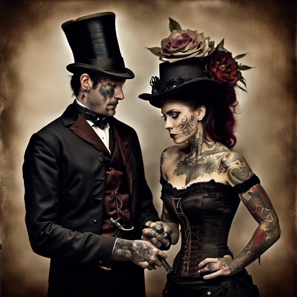 Victorian Couple Embrace with Tattoos, Photorealistic Style