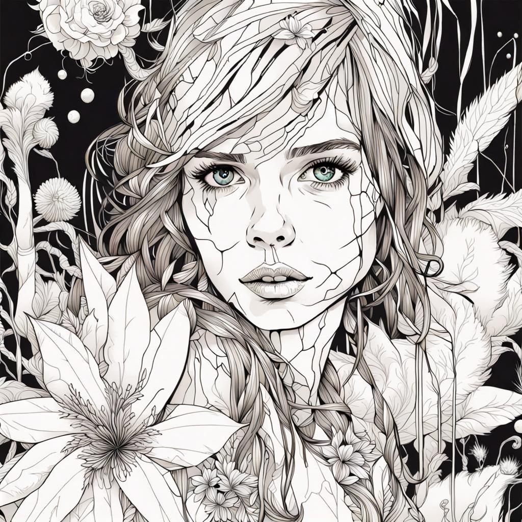 Monochrome Line Art Girl in Floral Dreamscape