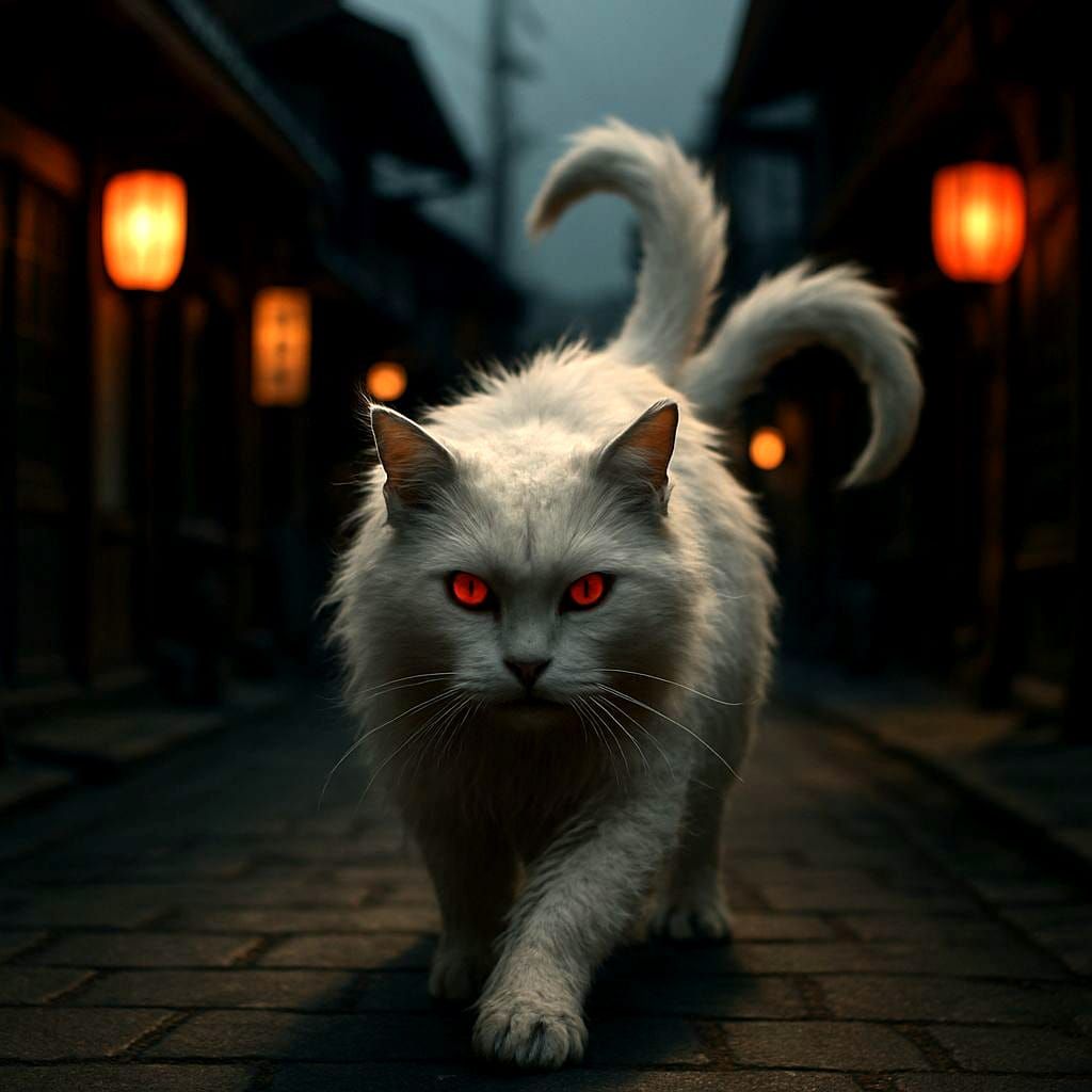 Nekomata Cat Prowling a Japanese Street in Hyper-Realism