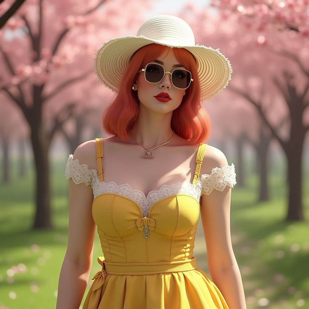 Plus-Size Model in Springtime: Detailed Matte Painting