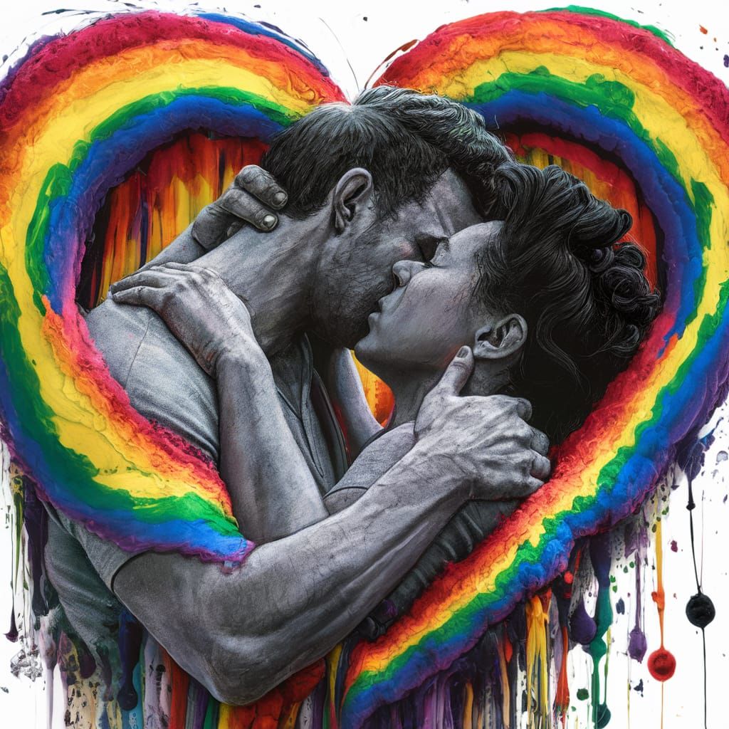 Passionate Couple Embrace in Inkblot Rainbow Art