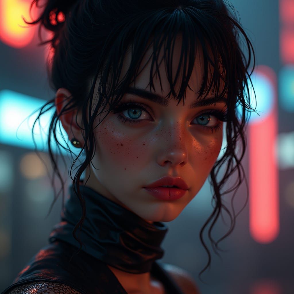 Cyberpunk Woman with Intense Blue Eyes