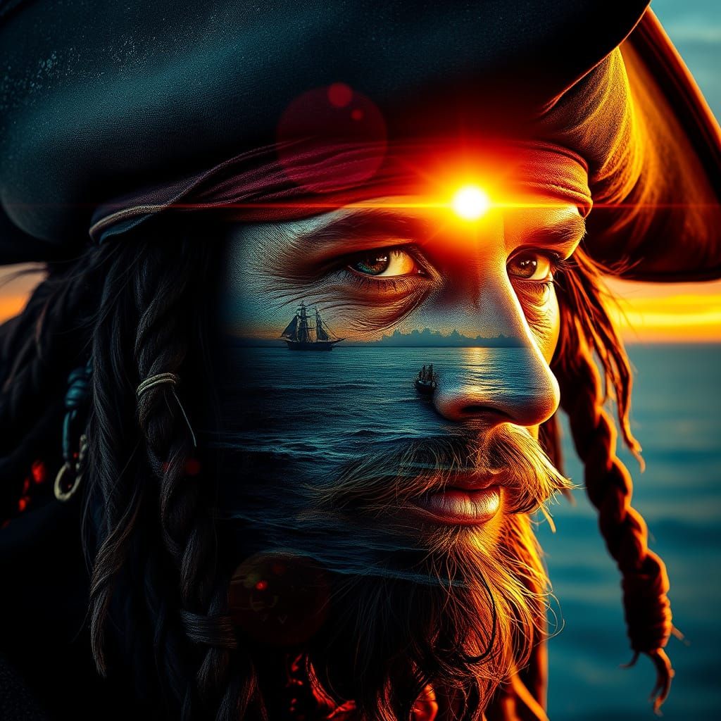 Pirate's Horizon: Hyperrealistic Double Exposure Seascape