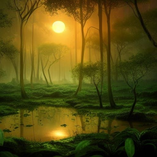 Glowing Adansonias Swamp Sunset Bloodmoon Digital Painting