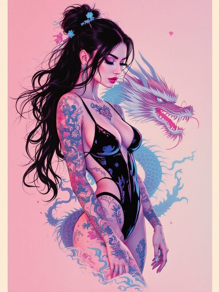 Vibrant Tattooed Woman in Risograph Style