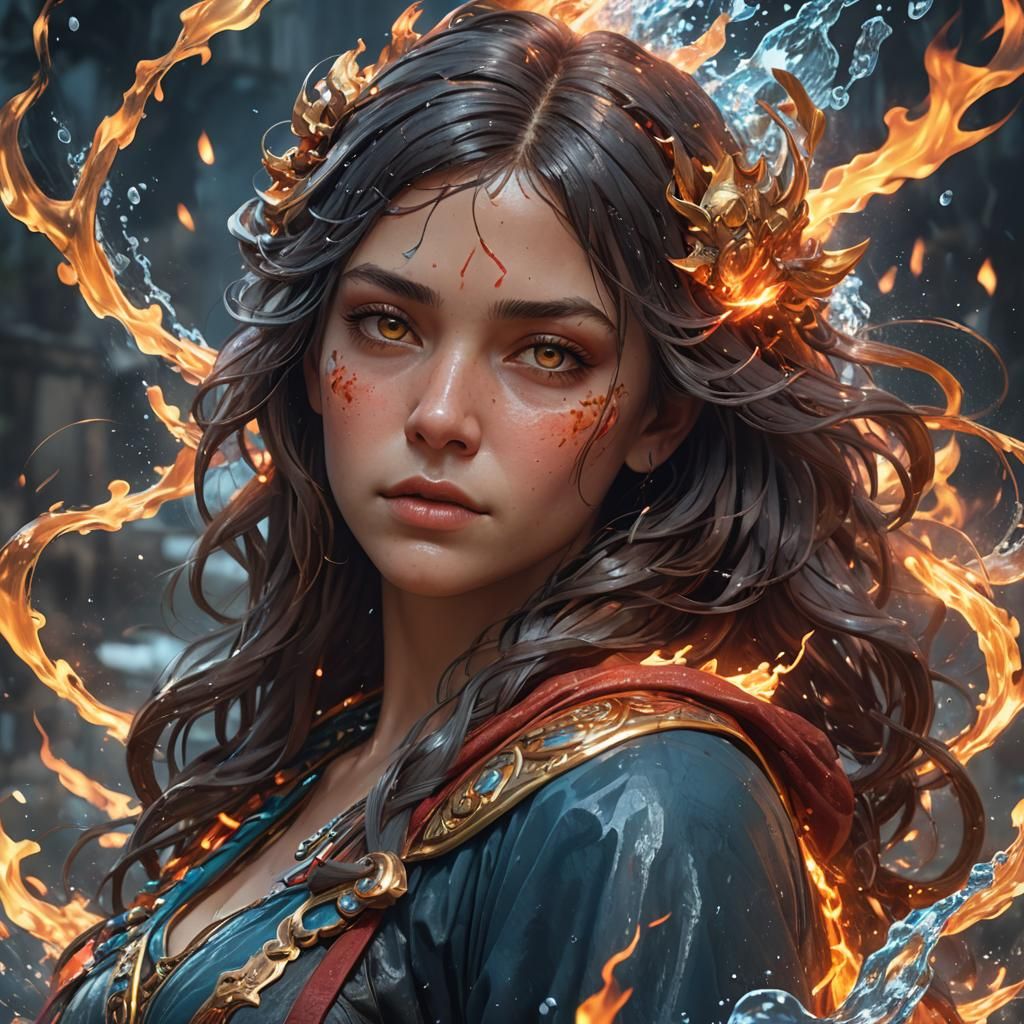 Fire and Water Portrait in Art Nouveau Style