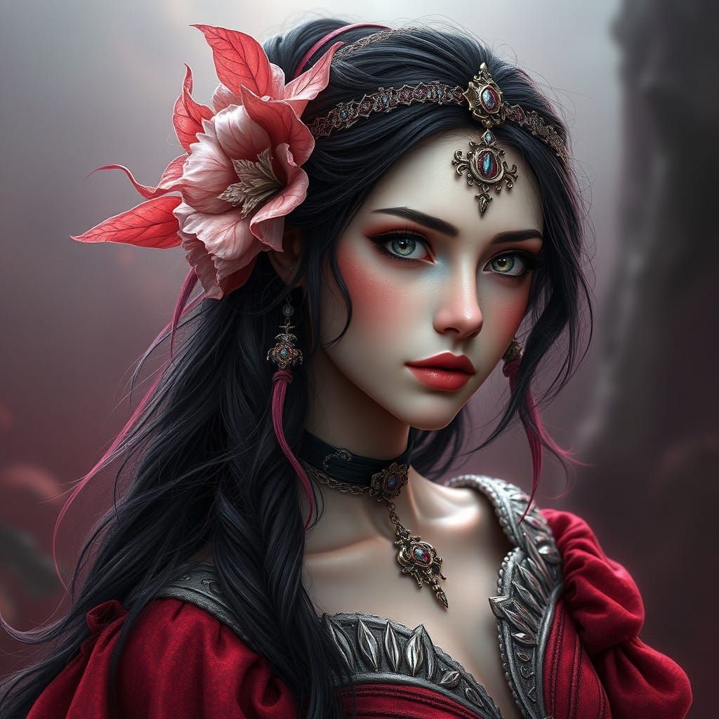 Vibrant Medieval Princess Portrait in Charcoal and Magenta