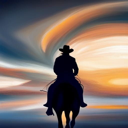 Cowboy Rides Into Sunset: Abstract Art
