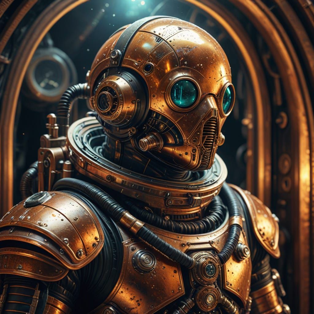 Steampunk Astronaut in Victorian-Era Diving Suit on Lunar La...
