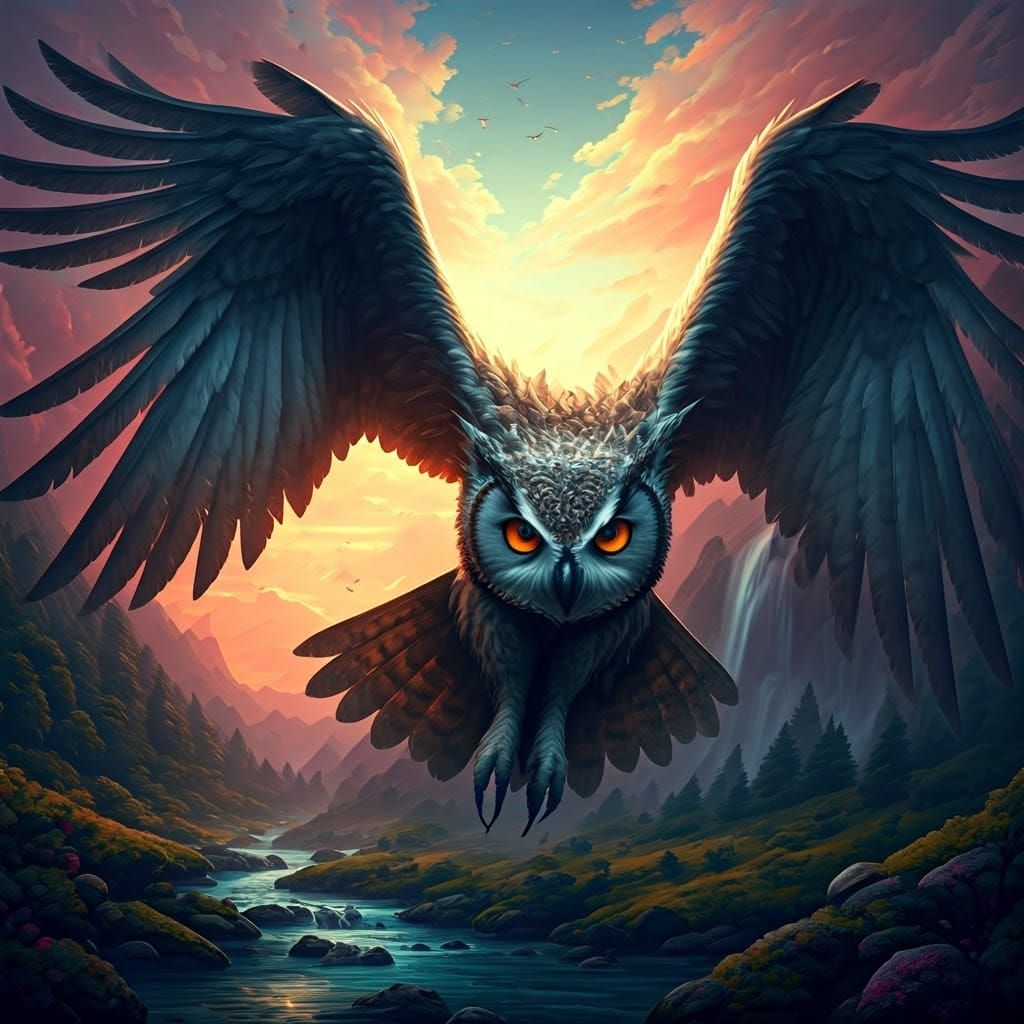 Flying Giant Owl Soars Across a Breathtaking Hyperrealistic....