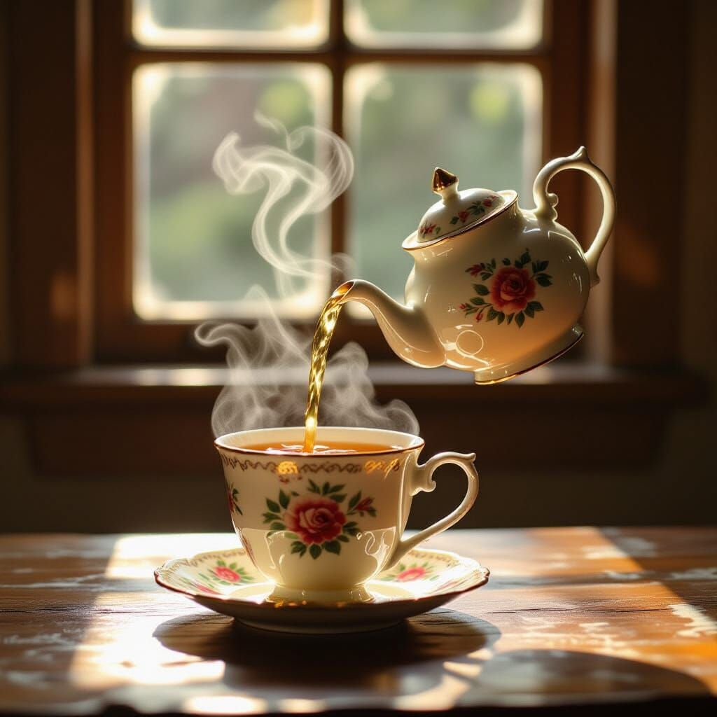 Magical Teapot Pours Earl Grey in Storybook Style