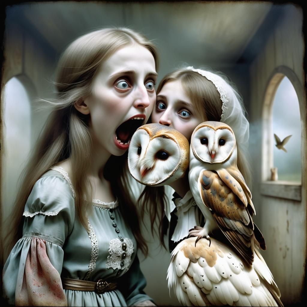 Vintage Photo of Woman with Owl in Mouth