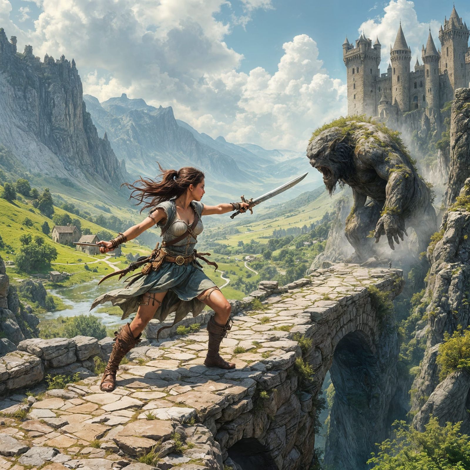 Beautiful Adventuress Battles Troll on Stone Bridge in Vibra...