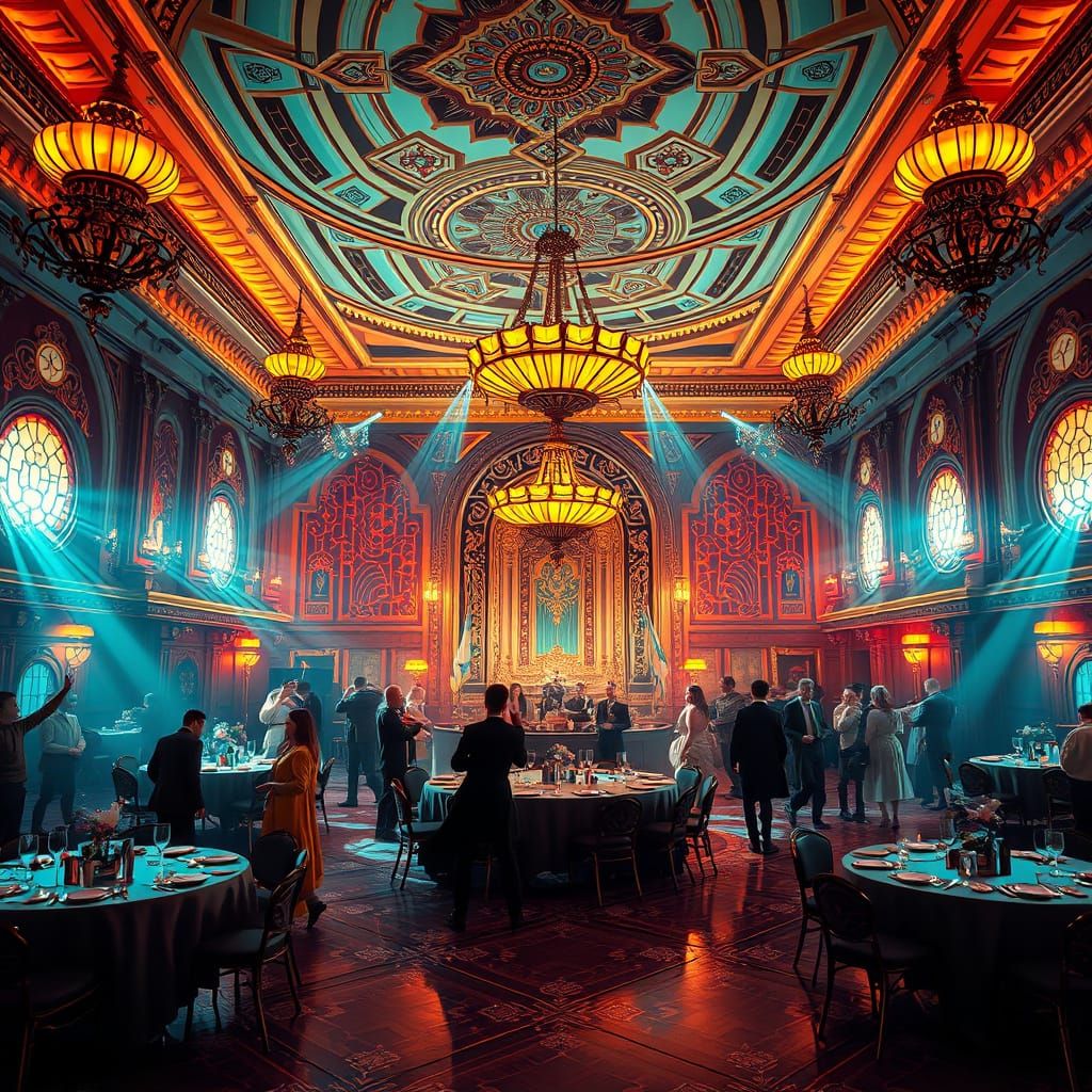 Epic Ballroom Dance Scene in Vibrant Art Nouveau Style