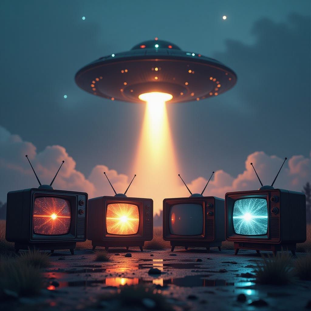 Retro TVs Display Alien Spaceship Landing, Dark Hyperrealism