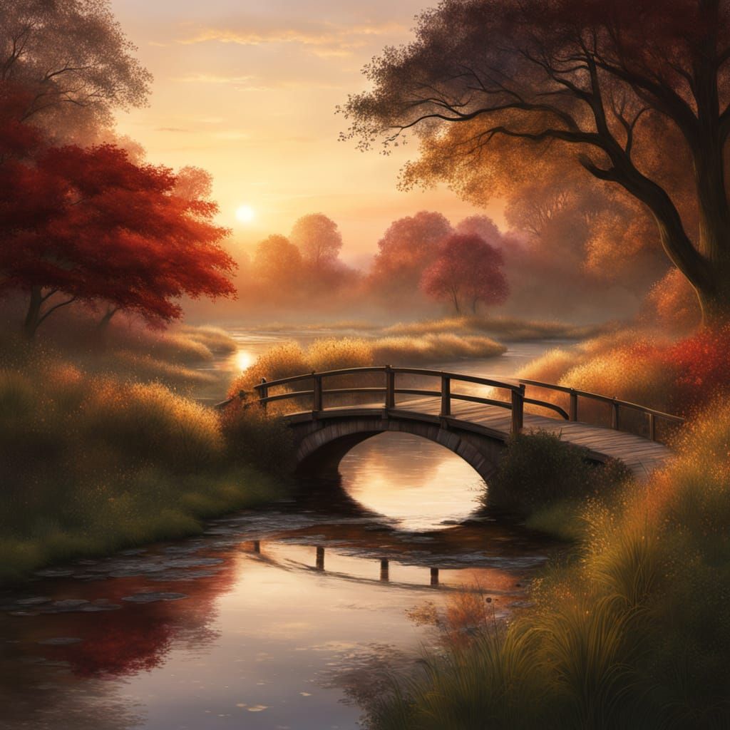 Serene Country Farm Stream at Sunset - Digital Matte Paintin...