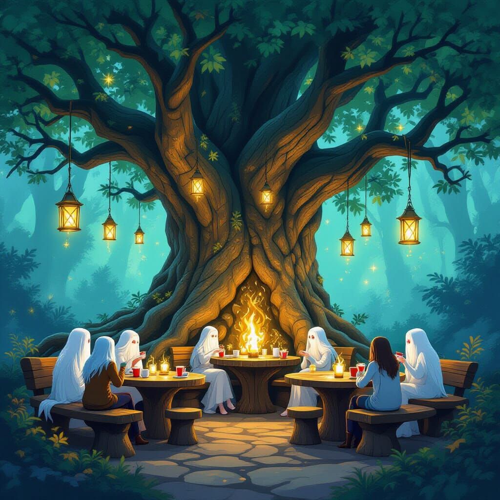 Whimsical Treehouse Cafe with Ethereal Patrons