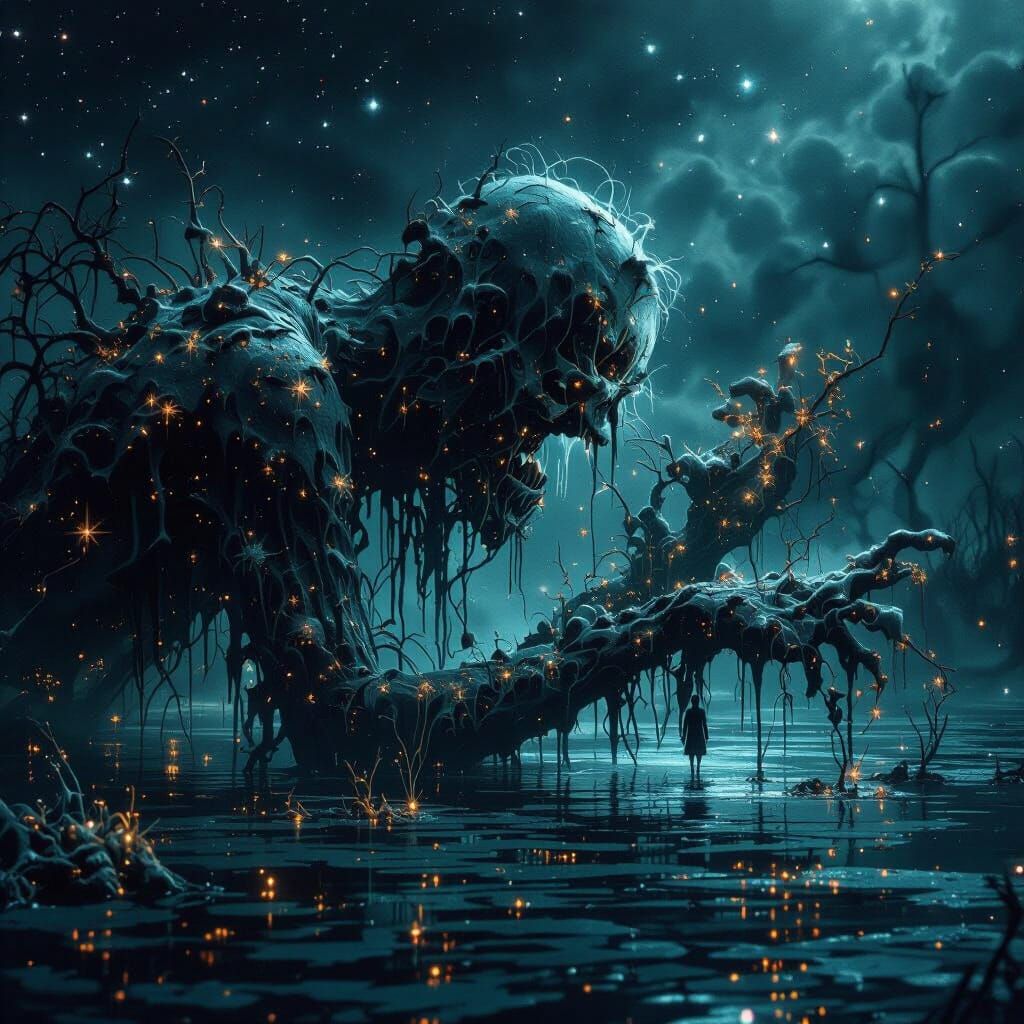 Existential Figure in Desolate Landscape, Darkly Fantastical