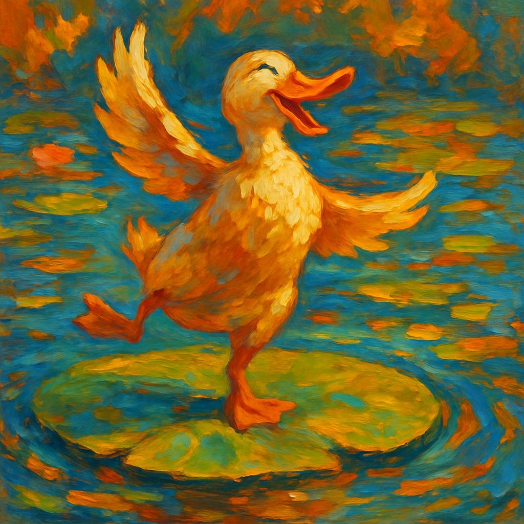 Duck's Joyful Dance on Lily Pad as Oil Painting