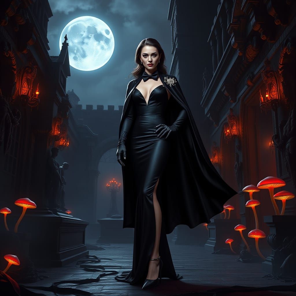 Elegant Vampire Countess in Black Tie Attire, with Luxurious...