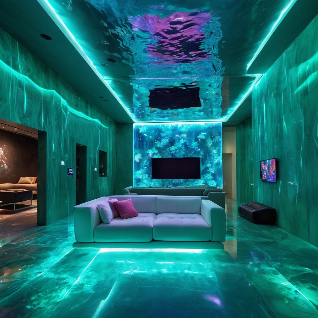 Futuristic Marble Living Room with Holographic Aquarium