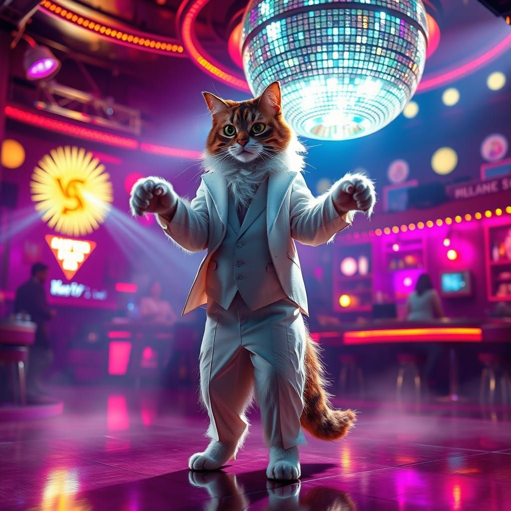 Gatto in Disco Suit, Dancing Under Vibrant Retro Futuristic...