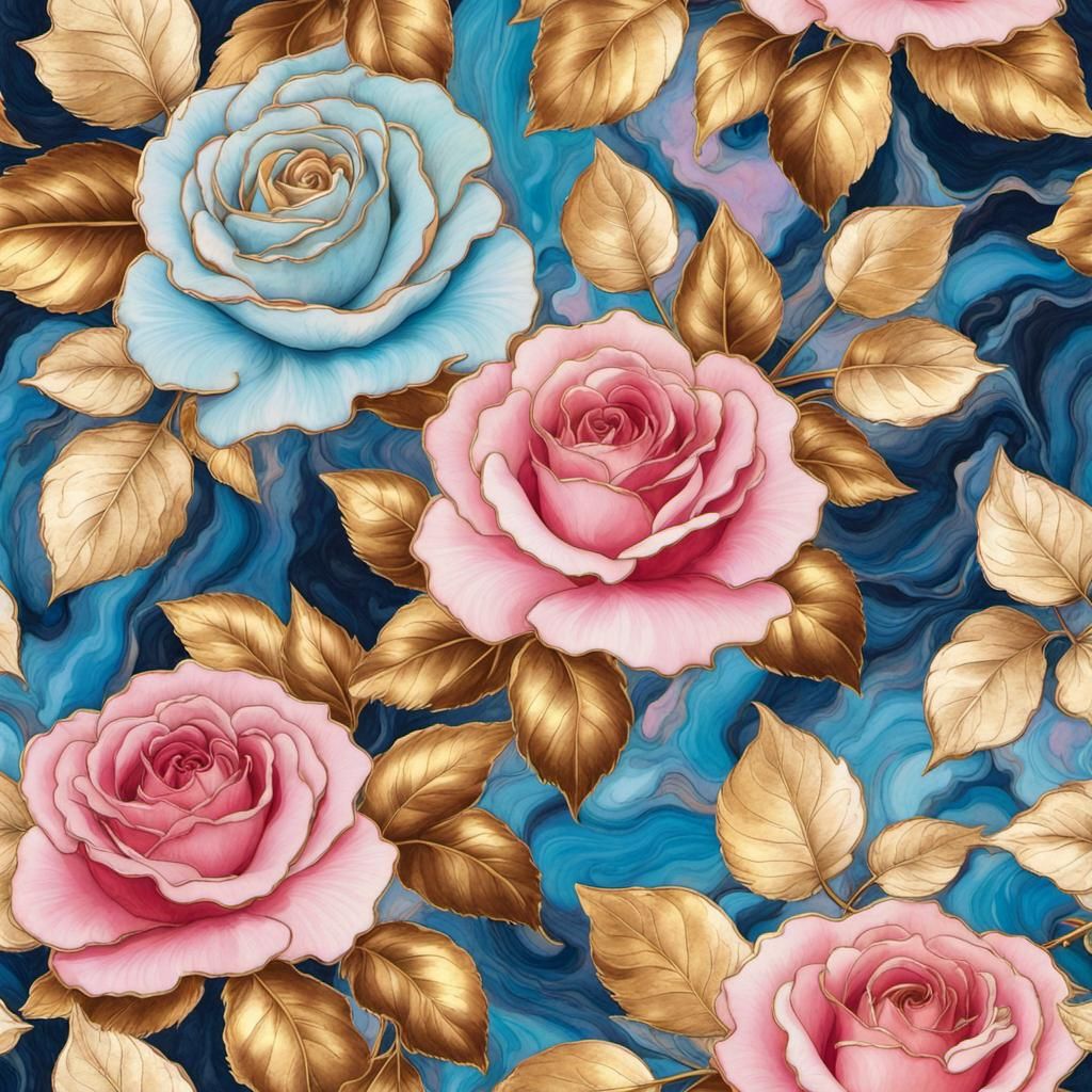 Floral Wallpaper with Gold Enamel Roses