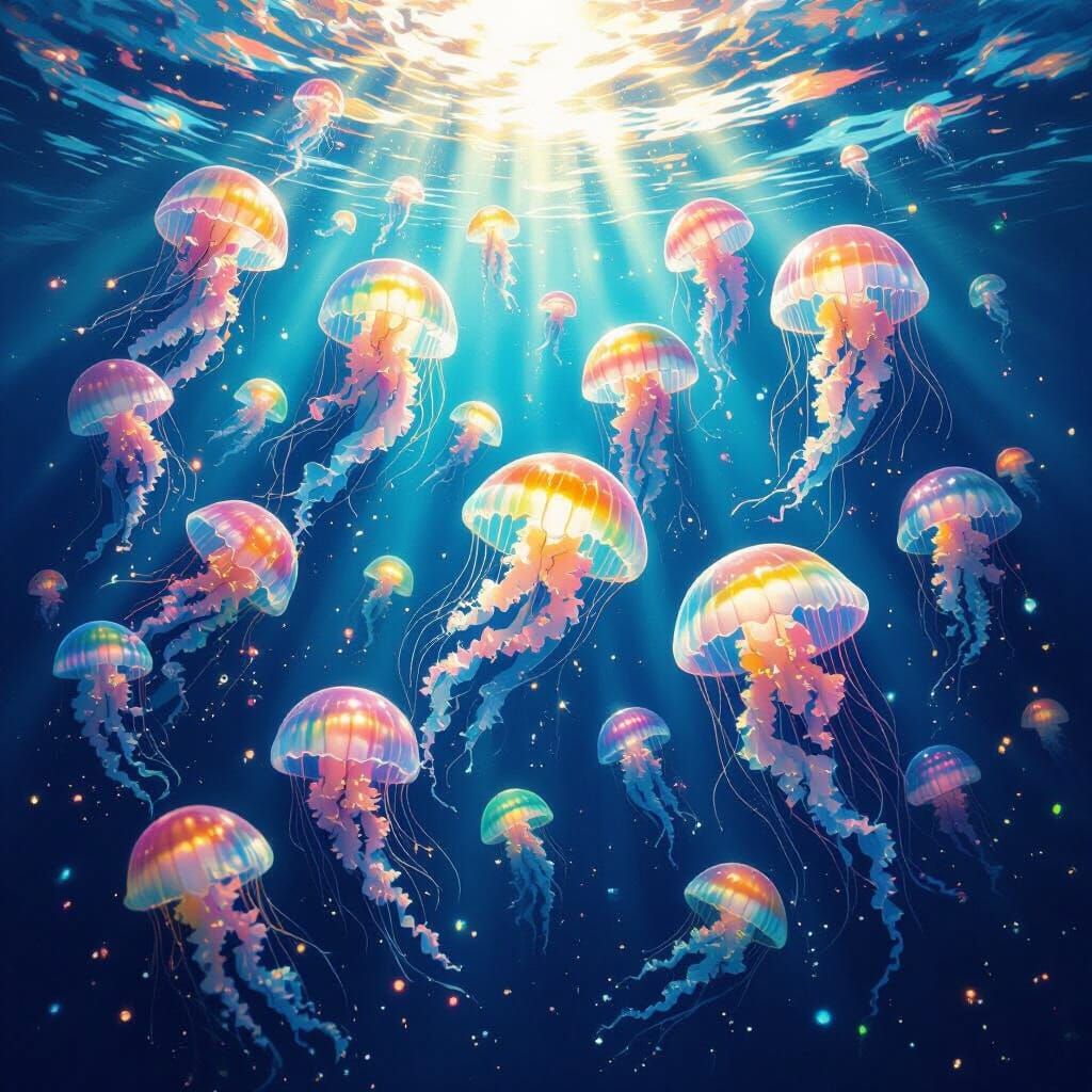 Rainbow Jellyfish in Sunlit Ocean Depths