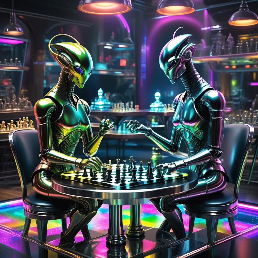 Futuristic Cyborgs Play Chess in Sci-Fi Cafe