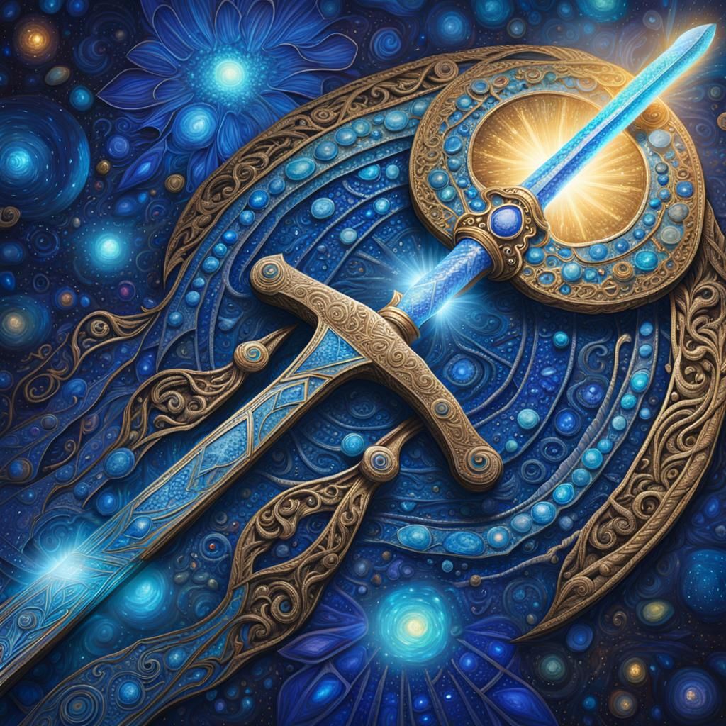 Astral Sword with Glowing Blue Light in Holographic Style