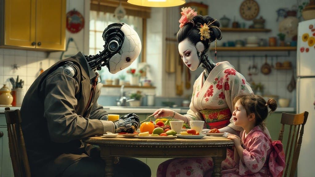 Cyborg Geisha Serves Dinner in Whimsical 1950s Kitchen