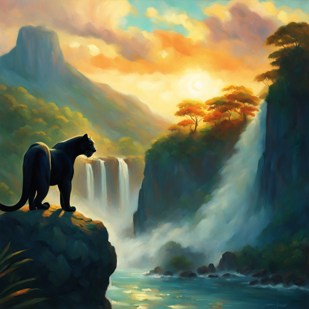 Panther Overlooking Tropical Vista as Impressionist Oil Pain...