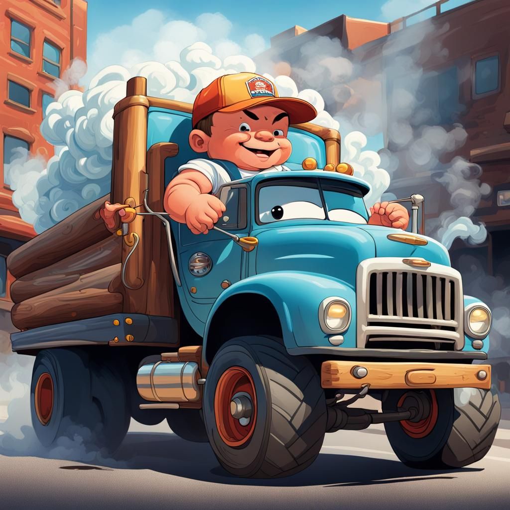 Humorous Image of Muscular Baby Driving Cartoon Truck