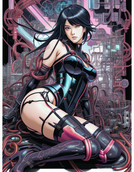 Cyberpunk manga illustration. Medium shot. Cheerful BBW woman in Santa Claus costume, bustier, suspender belt, women's s...