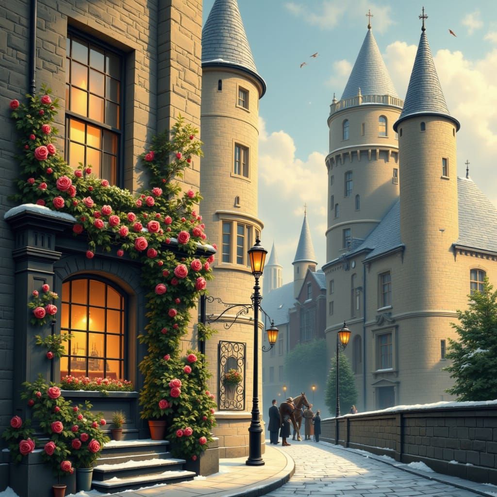 Dickensian Castle with Quartzite Turrets and Wild Roses