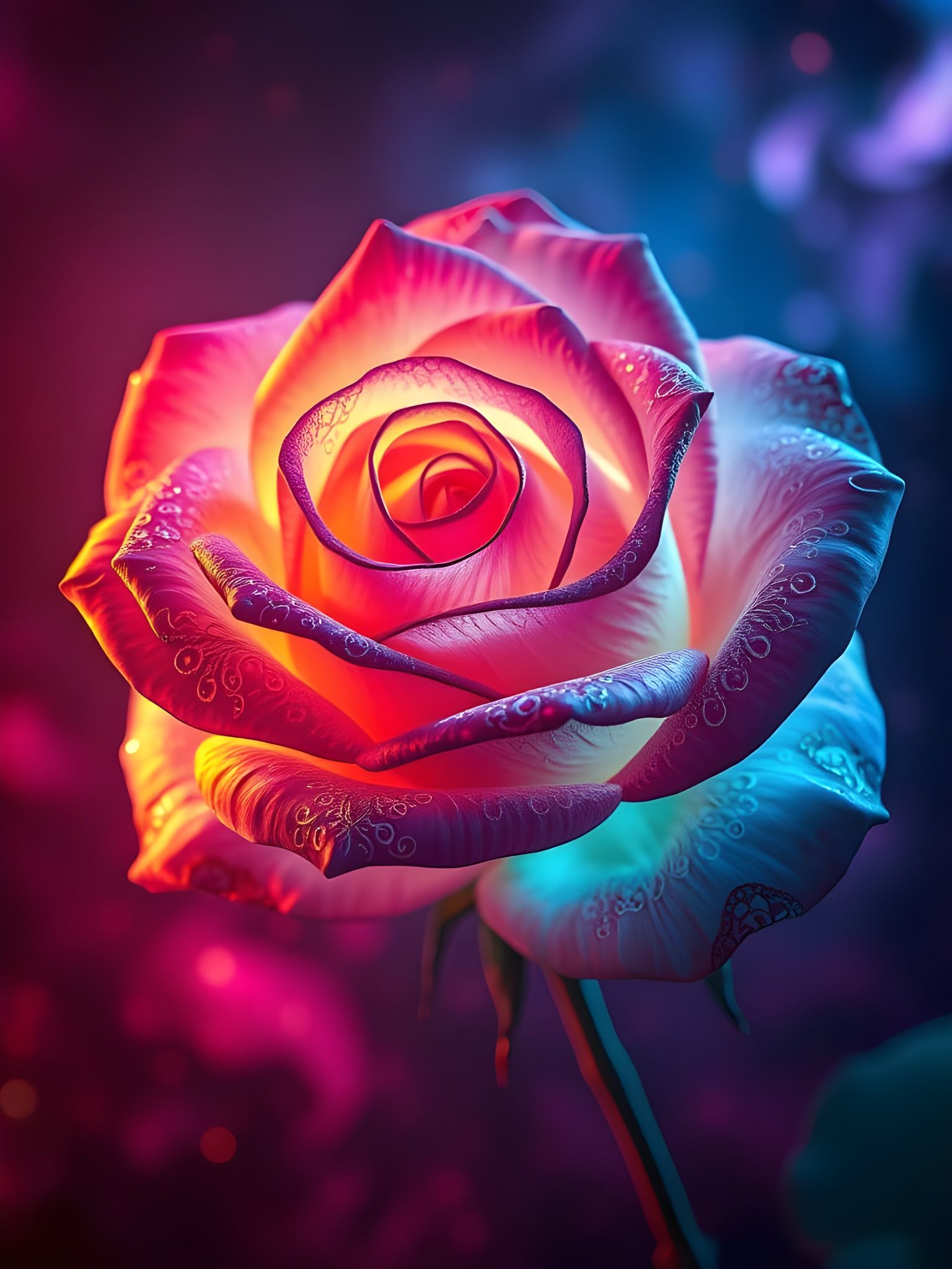 Hyper-Realistic Rose with Glowing Decorations in a Deep Void
