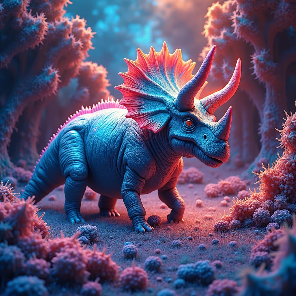 Iridescent Triceratops in Rainbow Fractal Landscape