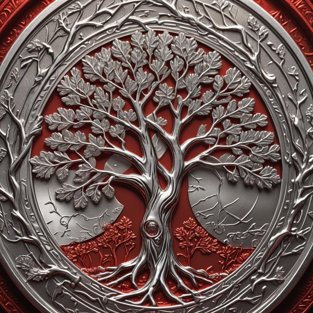 Mystical Silver Coin with Tree, Fantasy Currency