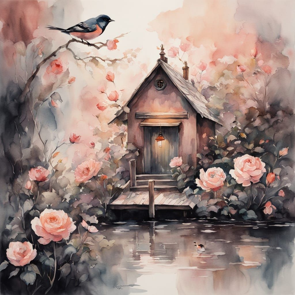 Birdhouse and Roses on Vintage Stamp, Watercolor Style