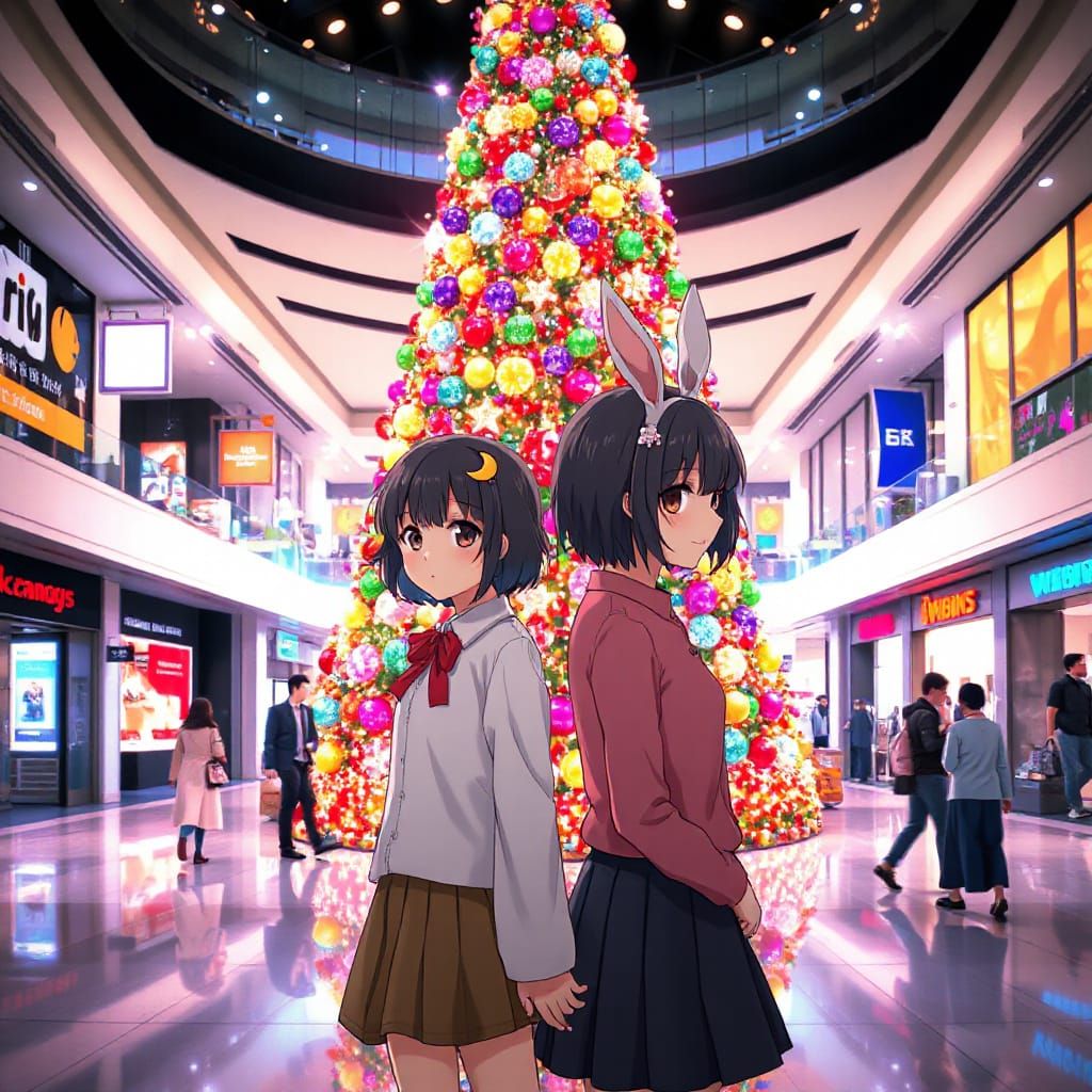 Anime Women at Festive Christmas Tree in Mall
