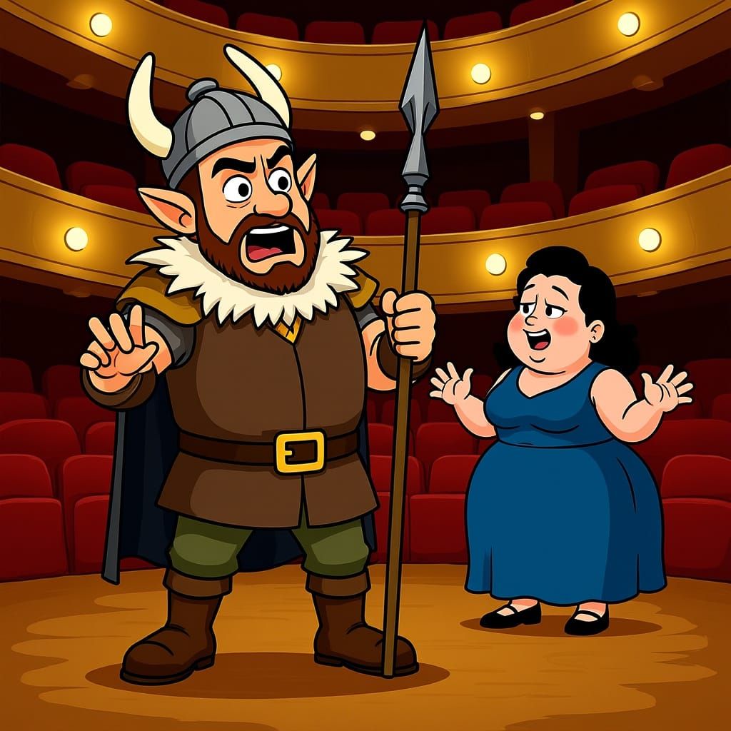 Viking Opera Singer on Stage in Cartoon Style