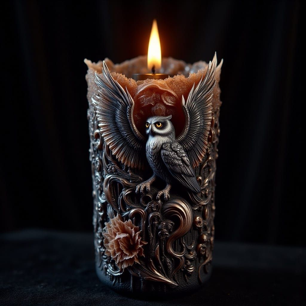 Victorian Gothic Candle with Snow Owl, Acrylic Art