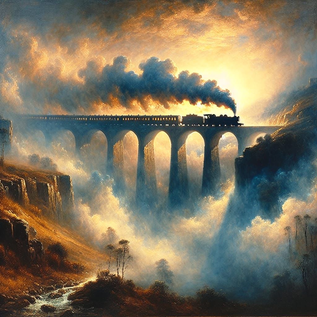 Golden Hour Steam Train on Viaduct: Romantic Oil Painting