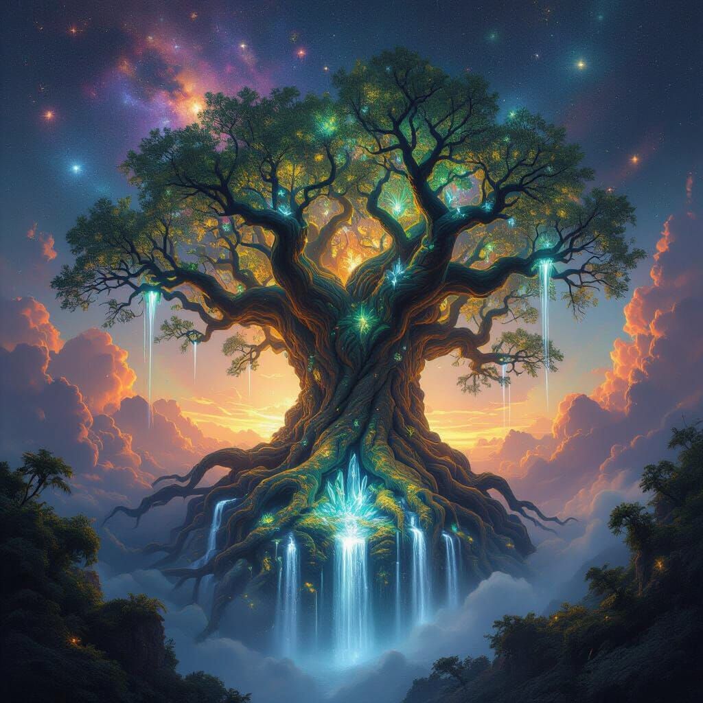 Floating Cosmic Tree with Luminous Crystals in Nebula